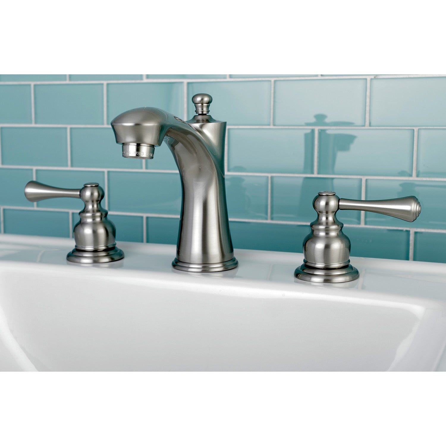 Kingston Tulare KB7968BL - Vintage Two-Handle 3-Hole Deck Mount Widespread Bathroom Faucet with Pop-Up Drain, Brushed Nickel — thumbnail 2